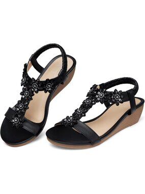 Women's Black Wedge Sandals Summer Platform Comfortable Low Wedges Shoes
